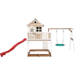 Axi Liam Spielhaus mit Nestschaukel und roter Rutsche, braun-weiß. Spielturm mit Sandkasten und Schaukel.