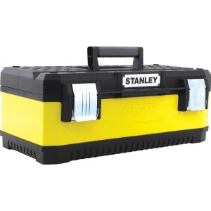Gelb-schwarze Stanley Werkzeugbox 20 Zoll (508 mm) aus Metall-Kunststoff-Verbund mit Tragegriff und Metallschnallen.