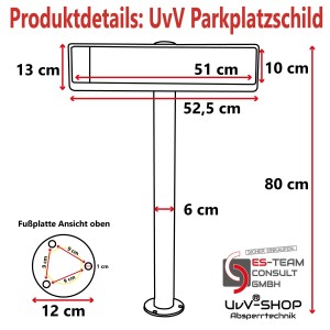 Skizze: UvV Parkplatzschild mit Stahlpfosten und Maßangaben.