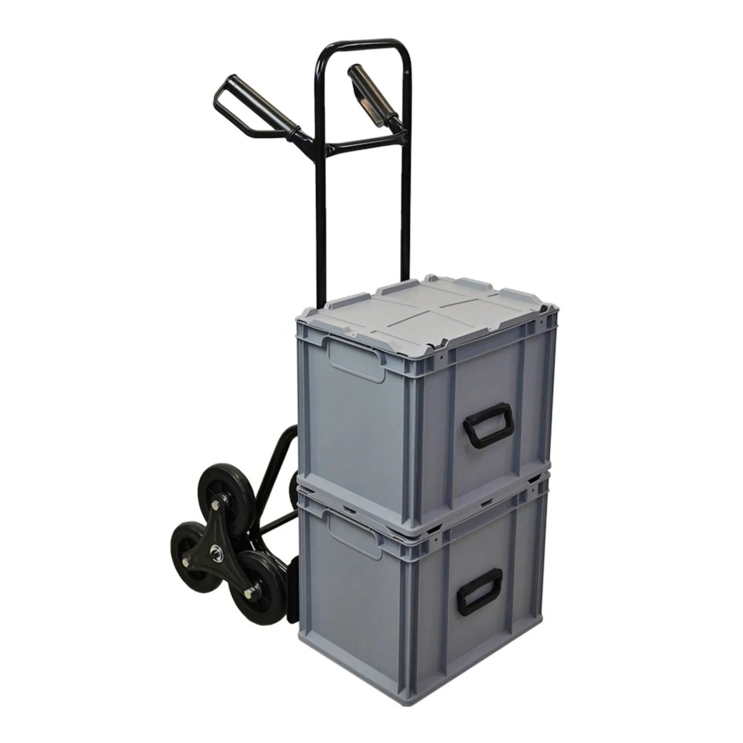 Schwarze PROREGAL Treppensackkarre ODIN mit zwei grauen Boxen. Tragkraft 200kg.