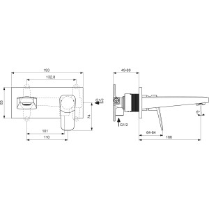 Detailzeichnung Ideal Standard Ceraplan Unterputz Waschtischarmatur, Maße und Anschlüsse dargestellt.