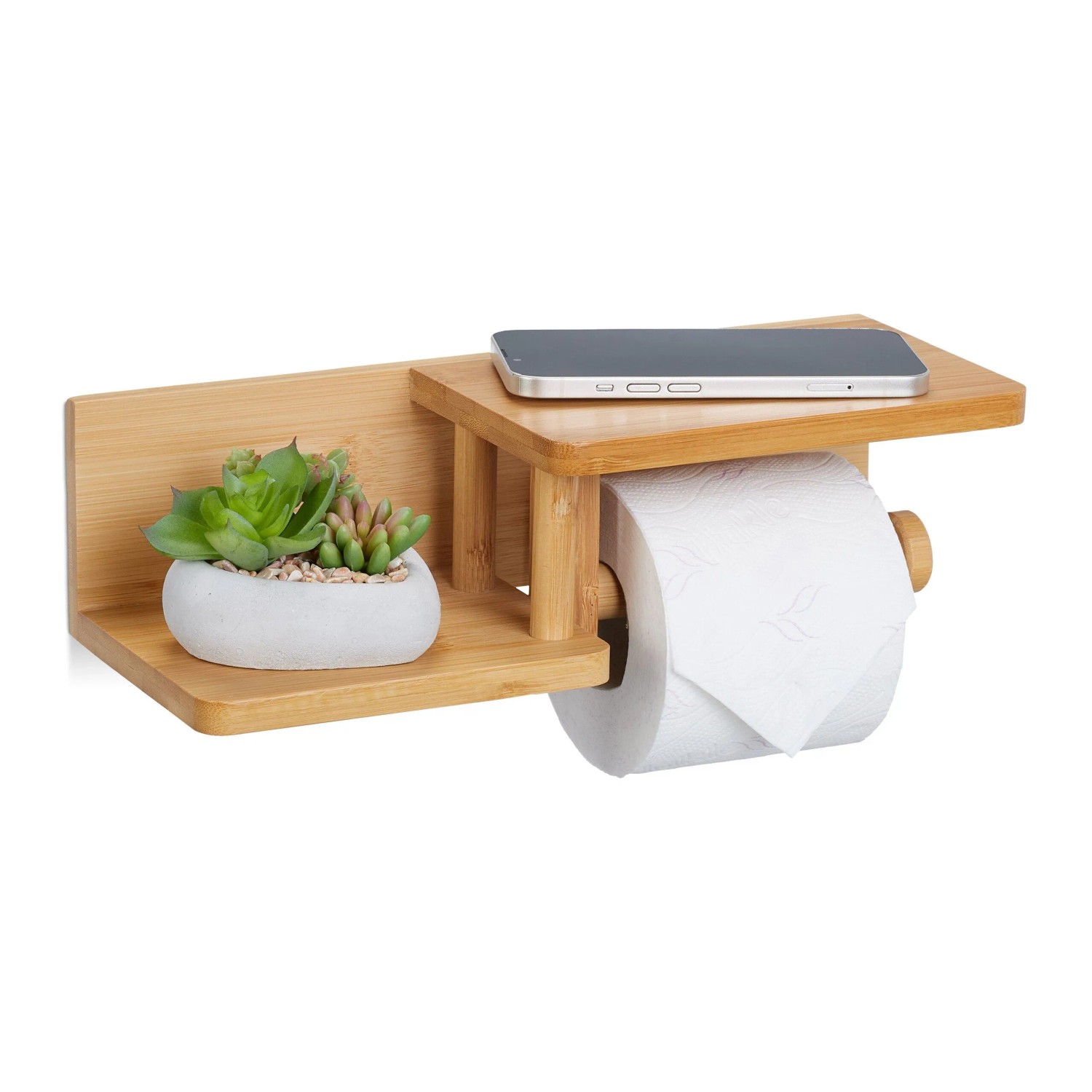 Relaxdays Toilettenpapierhalter Bambus Natur 2 Ablagen 9 cm x 31 cm x 12,5 cm