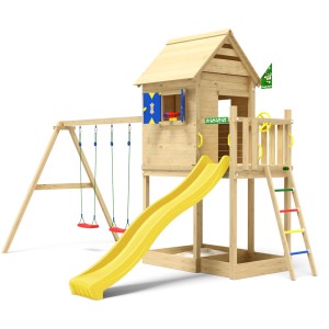 Jungle Gym Spielturm Hideout aus Holz mit gelber Rutsche und 2 Schaukeln.