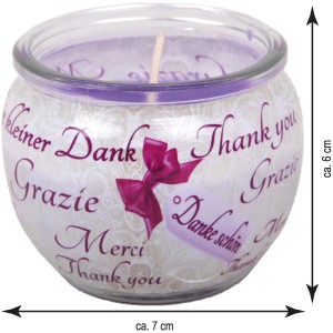 Duftkerze "Danke Schön" im Glas mit lila Akzenten und mehrsprachigem Schriftzug.