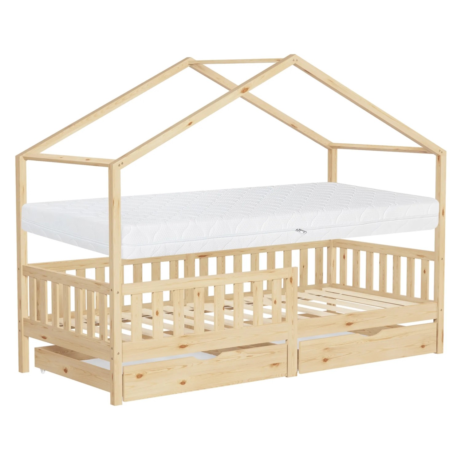 ML-Design Hausbett mit 2 Schubladen Matratze 90x200 cm Natur Kiefer