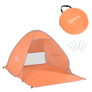 Orangefarbene Outsunny Strandmuschel aus Polyester mit Tragetasche und Heringen.