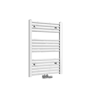 Weißer Emke Badheizkörper 75x50cm mit horizontalen Heizrohren als Handtuchwärmer.