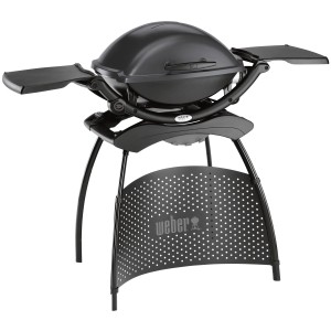 Weber Q 2400 Stand-Elektrogrill, dunkelgrau, mit Seitentischen und Standfuß.