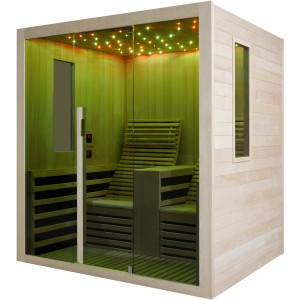 Sanotechnik Infrarotkabine Carbon 2 für 2 Personen mit Sternenlicht und Hemlock-Holz.