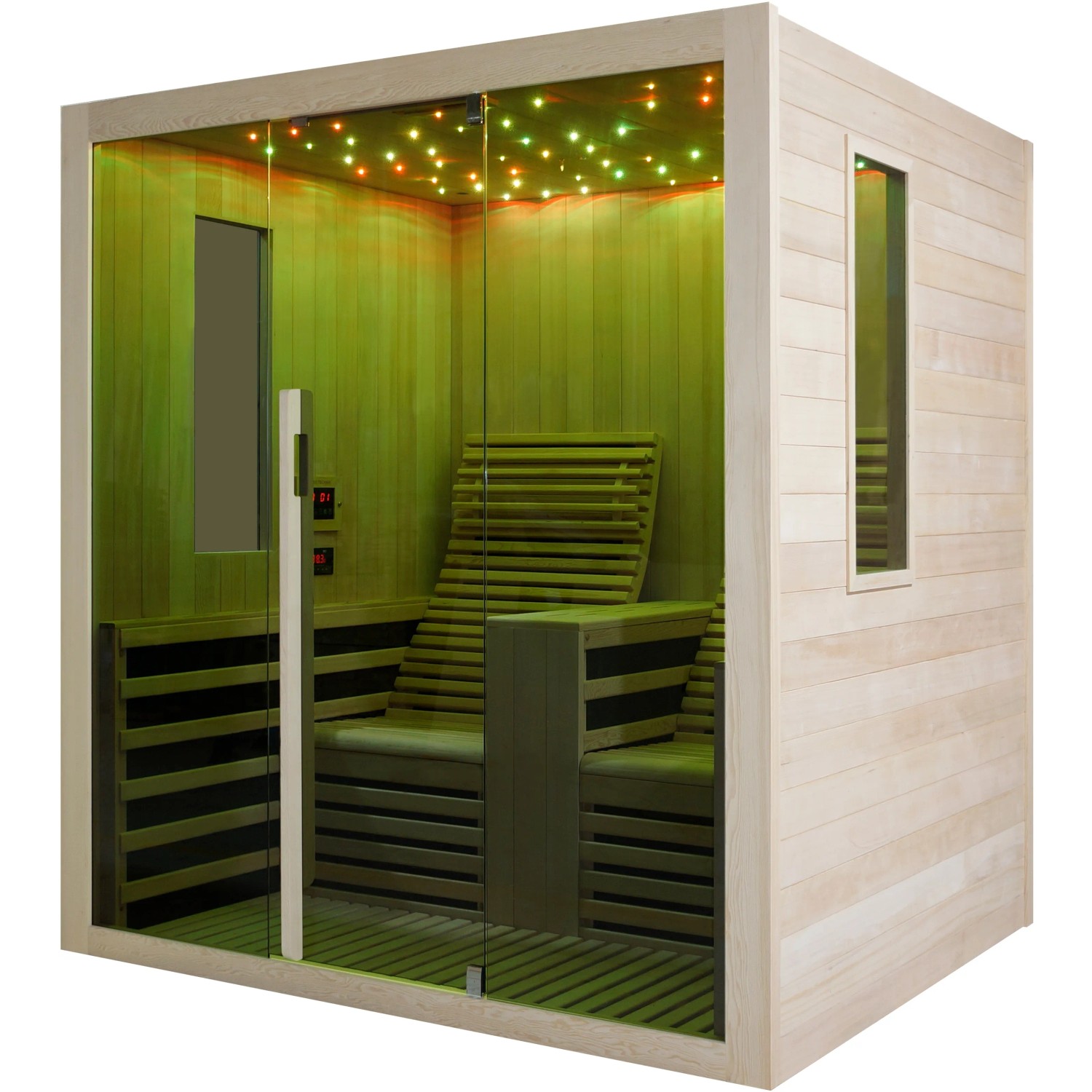 Sanotechnik Infrarotkabine Carbon 2 für 2 Personen mit Sternenlicht und Hemlock-Holz.