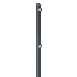Anthrazitfarbener Zaunpfosten 130 cm, rechteckig, mit zwei Befestigungsklammern und Kappe. Für Zaunbau.