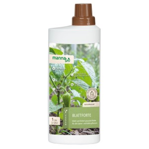 Manna Bio Blattforte Flüssigdünger 1 l für gesunde Pflanzen und Blätter im Garten.
