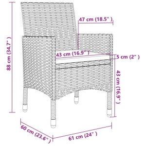 Detailansicht Gartenstuhl aus grauem Rattan mit Maßen, Teil der vidaXL 7-tlg Essgruppe.