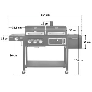 Abbildung des Taino Hero Duo Kombigrill: Gasgrill, Holzkohlegrill und Smoker in Schwarz mit Maßangaben.