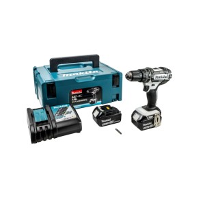 Makita Akku-Schlagbohrschrauber 18V in Weiß/Schwarz mit 2 Akkus, Ladegerät und türkisem MAKPAC Koffer.