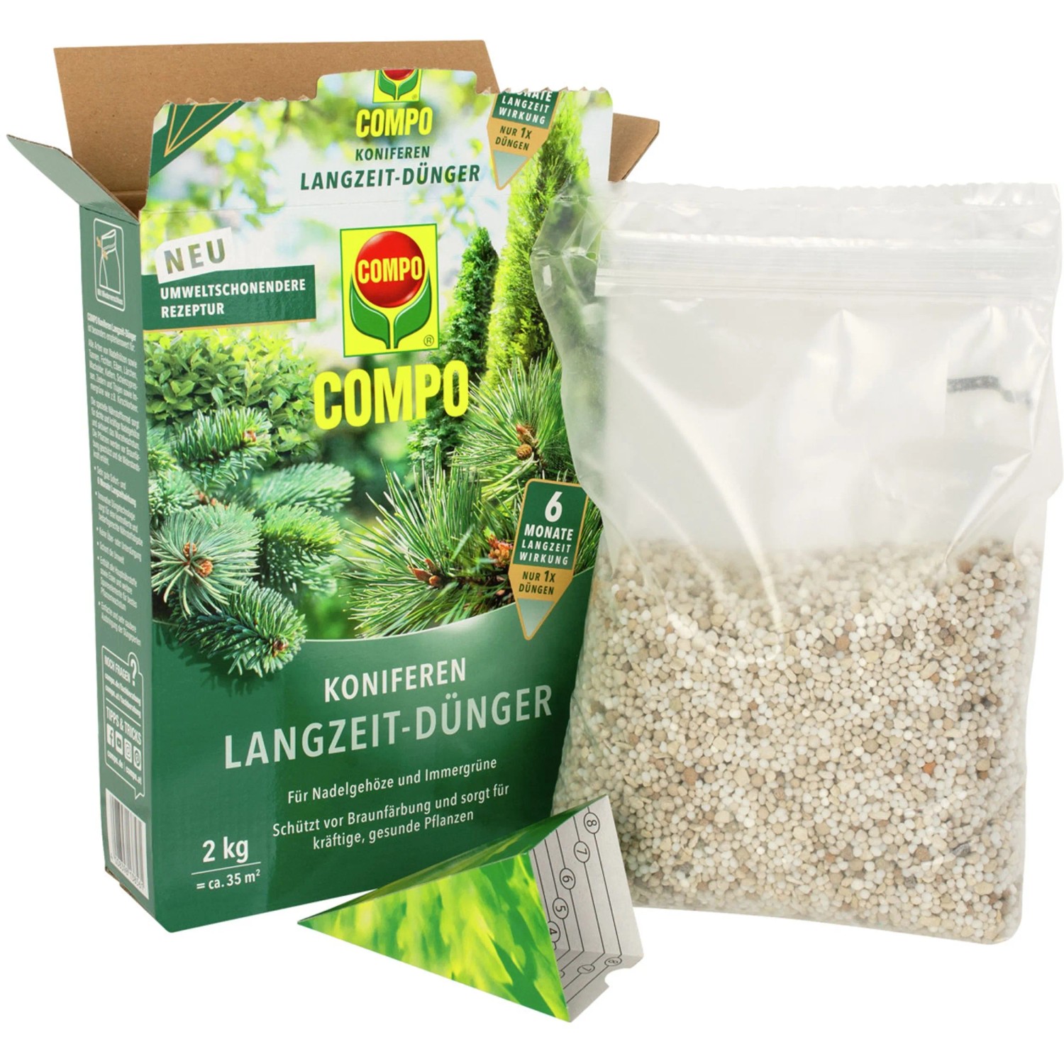 Compo Koniferen Langzeit-Dünger 2kg: Packung und Dünger-Granulat für gesunde, grüne Koniferen.