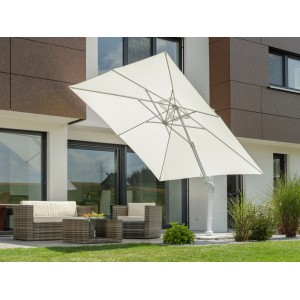 Weißer Schneider Ampelschirm Rhodos 360 cm mit Kurbel, ideal für Garten und Terrasse.
