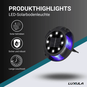 LUXULA Solar Gartenstrahler mit Erdspieß: Schwarze Bodenleuchte mit Solarpanel und blauem Licht.