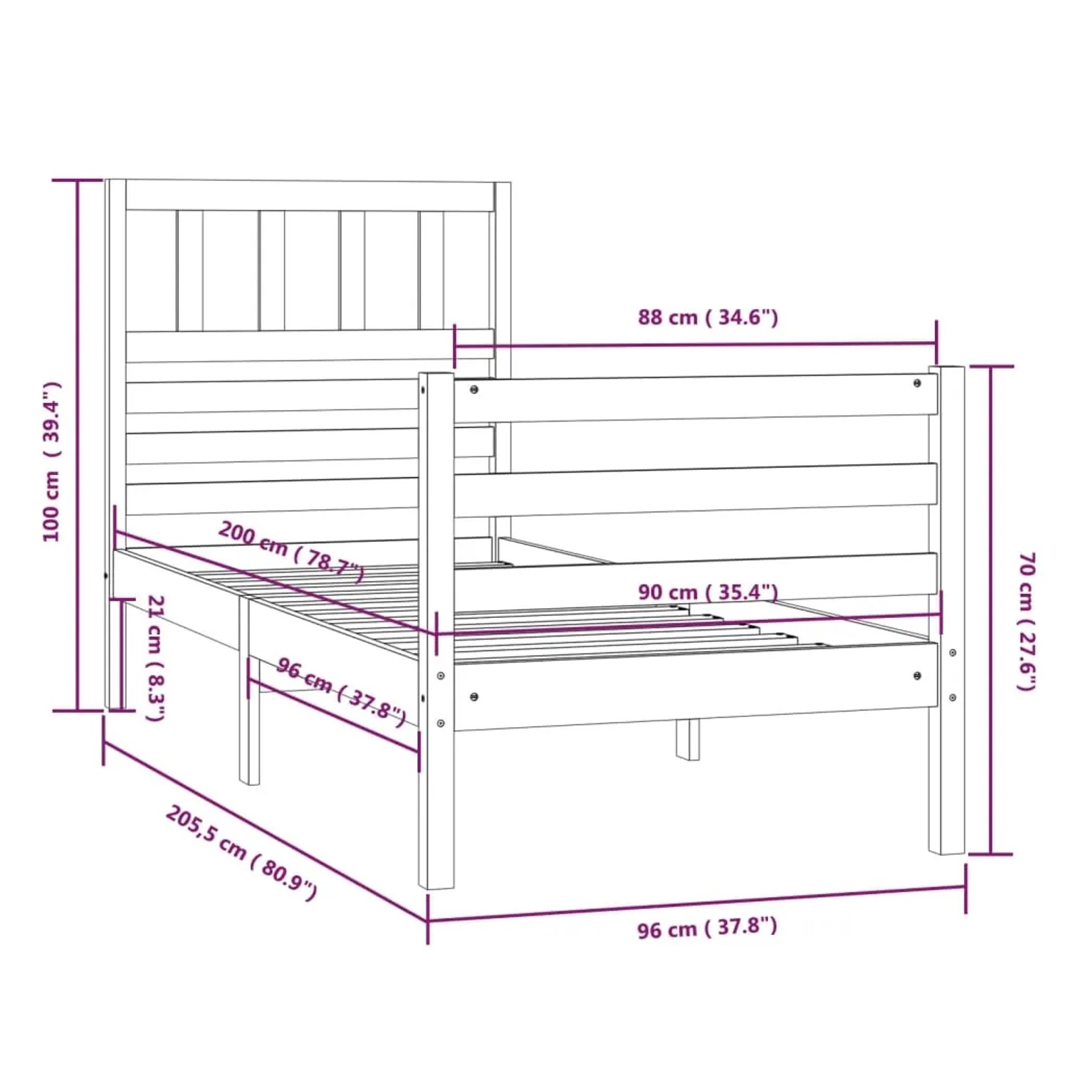 vidaXL Massivholzbett, 90x200 cm, Kiefernholz, Bettrahmen mit Lattenrost, Schlafzimmer Möbel.