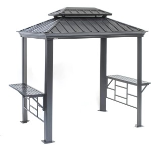 Anthrazitfarbener Sojag Grillpavillon Messina BBQ aus Aluminium mit Seitentischen.