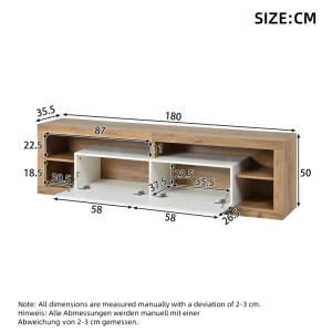 Maßzeichnung Merax TV-Schrank 180x35.5x50 cm in Naturholzoptik mit weißen Fronten, 2 geschlossenen und 4 offenen Fächern.