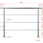 Technisches Diagramm: Edelstahl Geländer 180 cm mit 3 Querstäben für Innen & Außen, Maße sichtbar.
