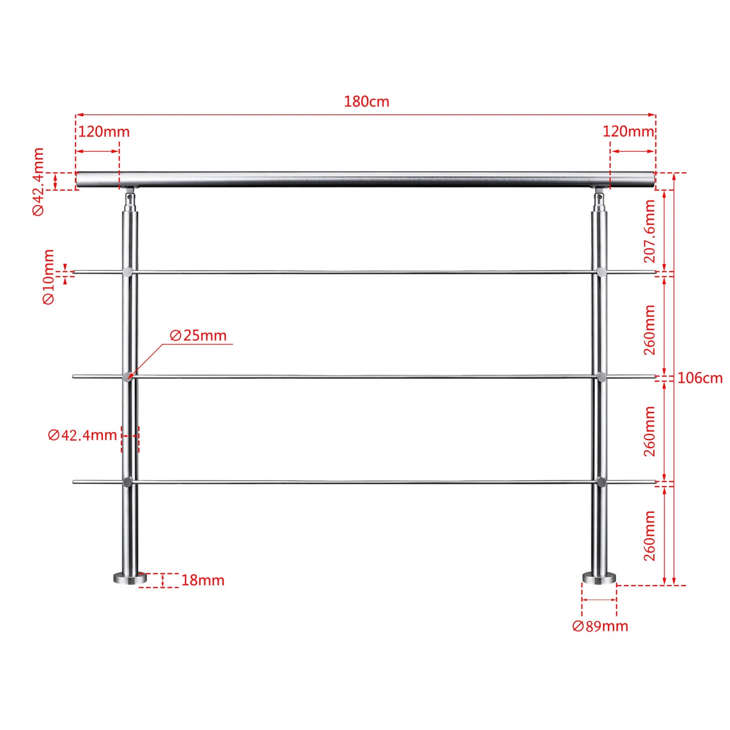 Technisches Diagramm: Edelstahl Geländer 180 cm mit 3 Querstäben für Innen & Außen, Maße sichtbar.