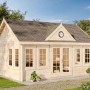 Unbehandeltes Alpholz Gartenhaus Clockhouse-XL mit Satteldach und Anbaudach.