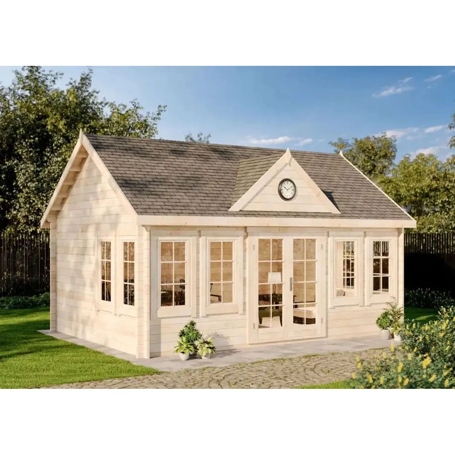 Unbehandeltes Alpholz Gartenhaus Clockhouse-XL mit Satteldach und Anbaudach.