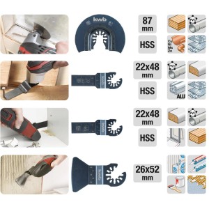 kwb Multi-Tool-Set, 17-teilig: Sägeblätter und Schleifpapier für Multifunktionswerkzeuge.
