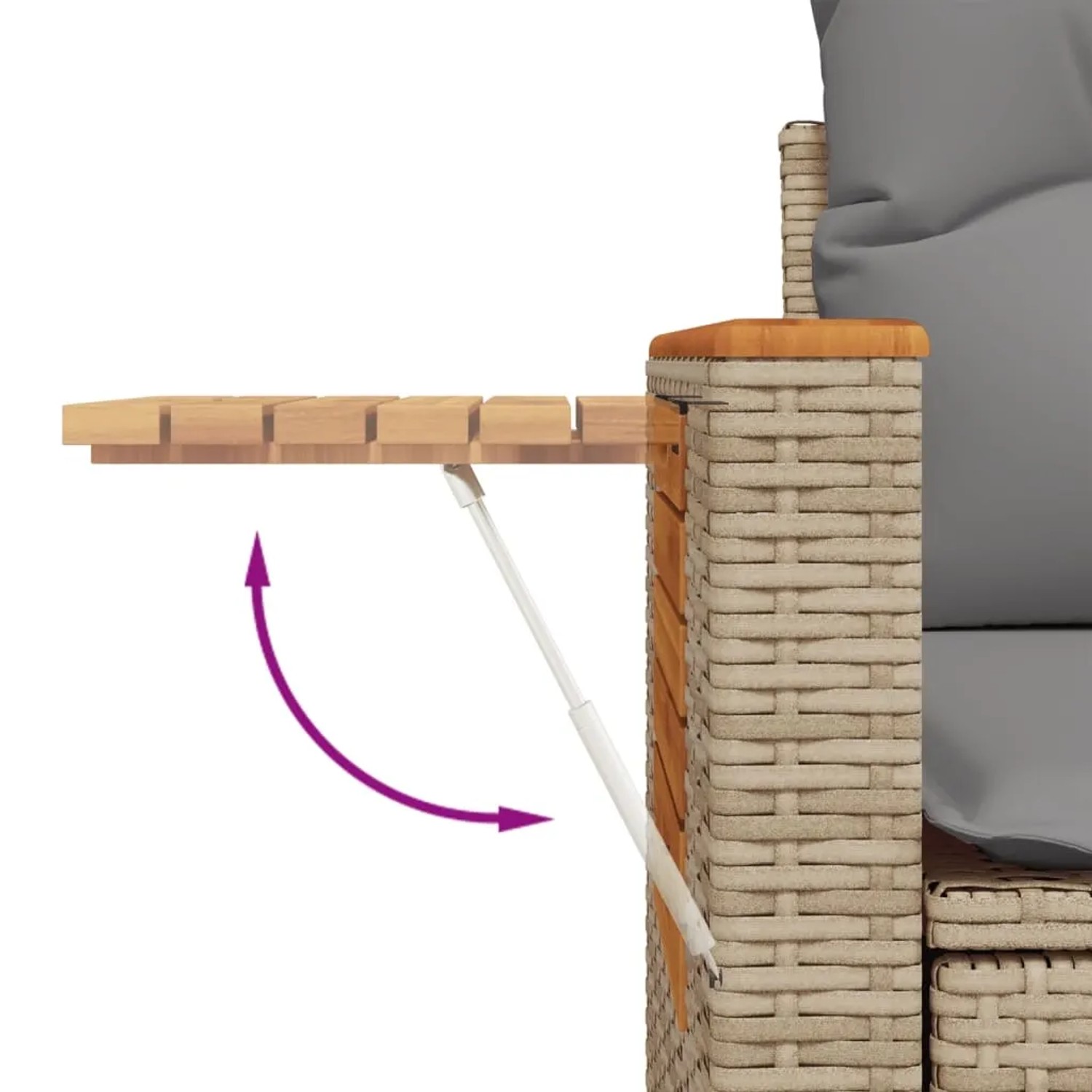 Detailaufnahme: Beige Poly Rattan Garten-Sofagarnitur mit ausklappbarem Akazienholz-Tisch.