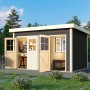 Karibu Zweiraum Holz-Gartenhaus Skanderborg, 360x240 cm, mit geöffneten Türen und Flachdach.