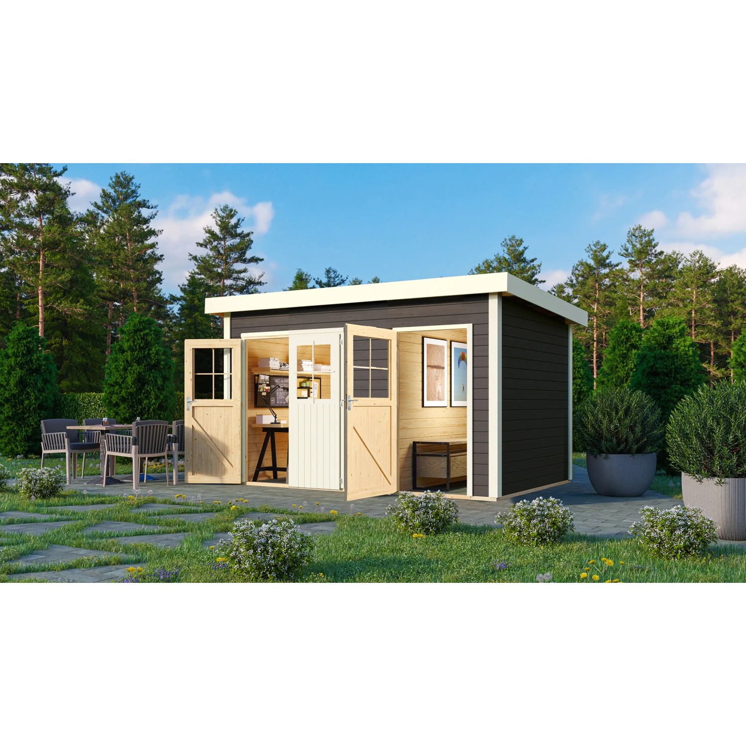 Karibu Zweiraum Holz-Gartenhaus Skanderborg, 360x240 cm, mit geöffneten Türen und Flachdach.