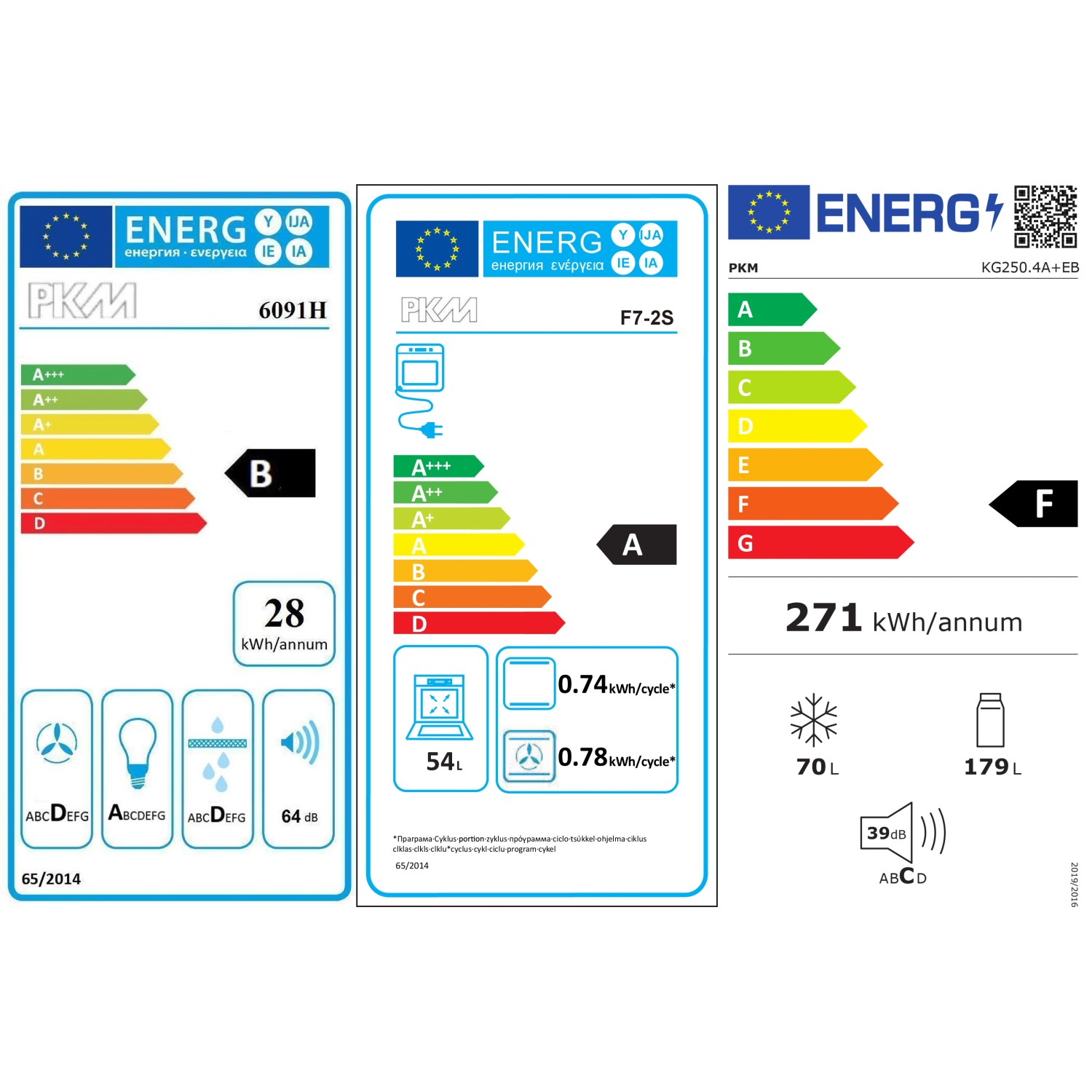Energieeffizienzlabel für PKM Geräte: Kühlschrank, Backofen und Kühl-Gefrierkombination.