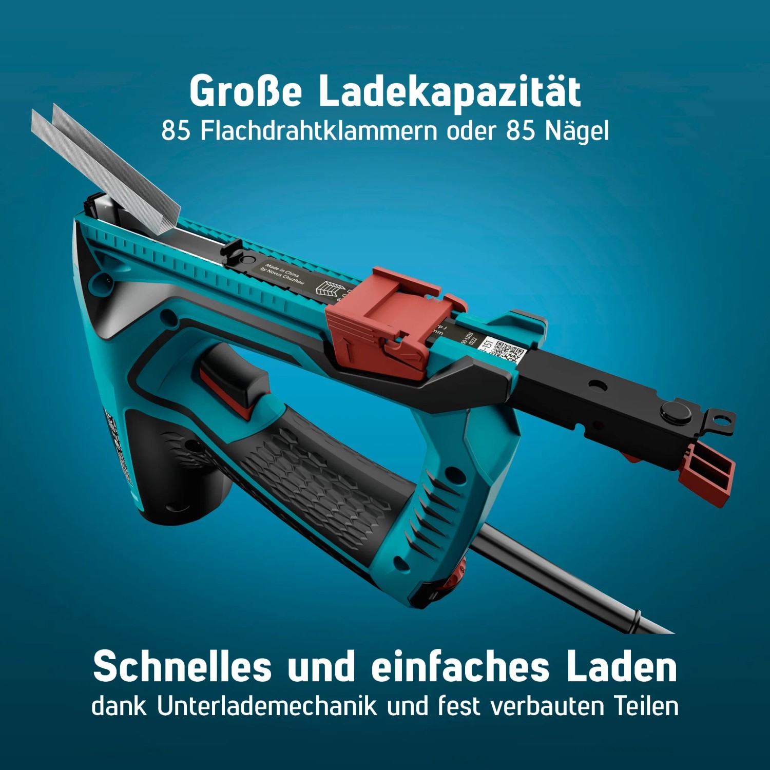 Novus Elektrotacker J-151 mit Klammern und Nägeln im Magazin.