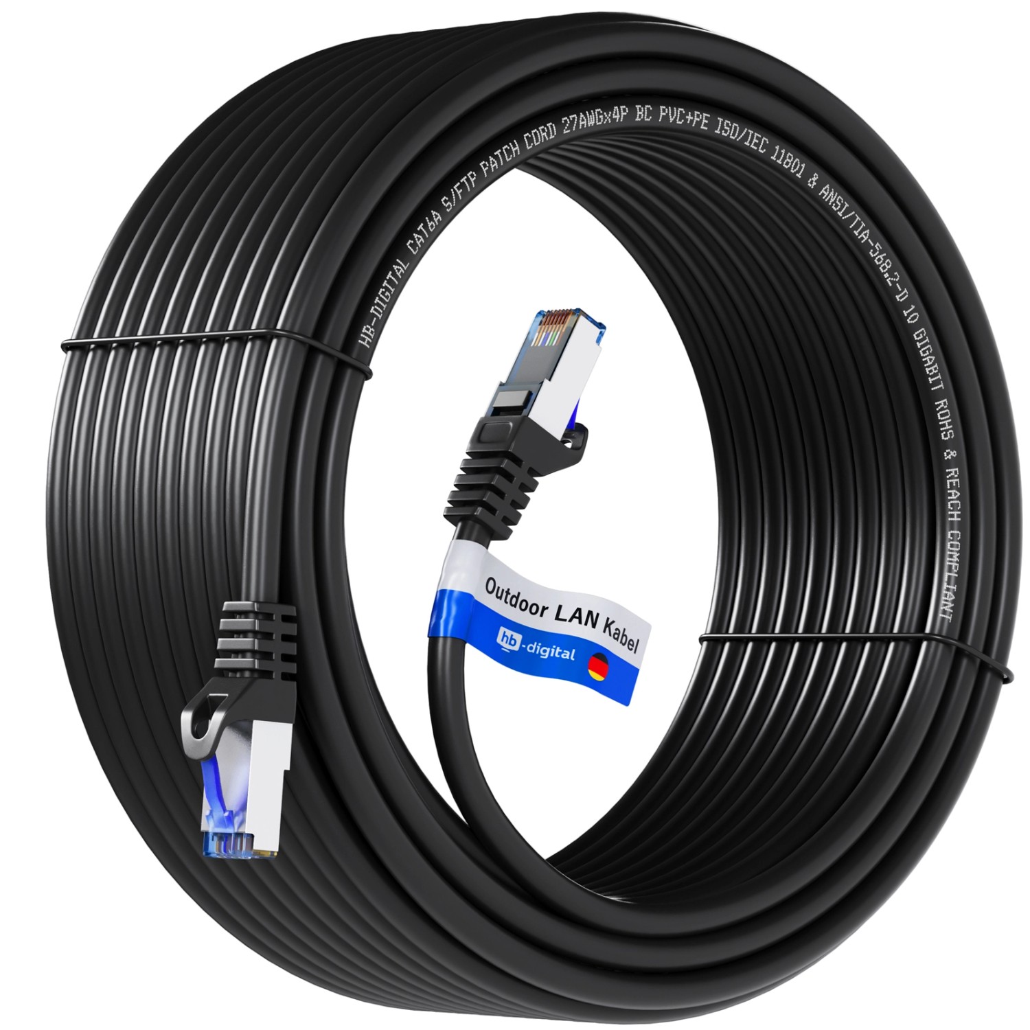 hb-digital 50m GHMT Zertifiziertes LAN Kabel CAT 6a RJ45 S/FTP PVC+PE für Außenbereich Schwarz