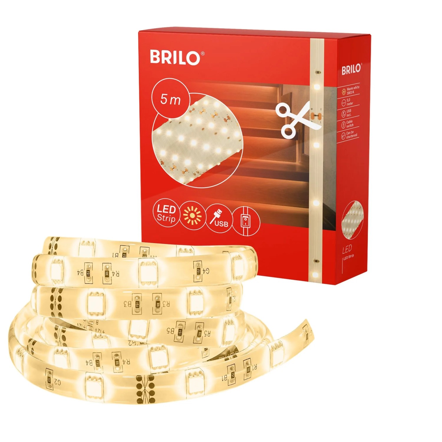 Brilo LED-Strip Kabelschalter Warmweiß 3.000 K Kürzbar USB Anschluss 5 m