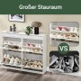 Schmaler, weißer Schuhschrank mit 4 Klappen und Schublade, gefüllt mit Schuhen. Ideal für kleine Flure.