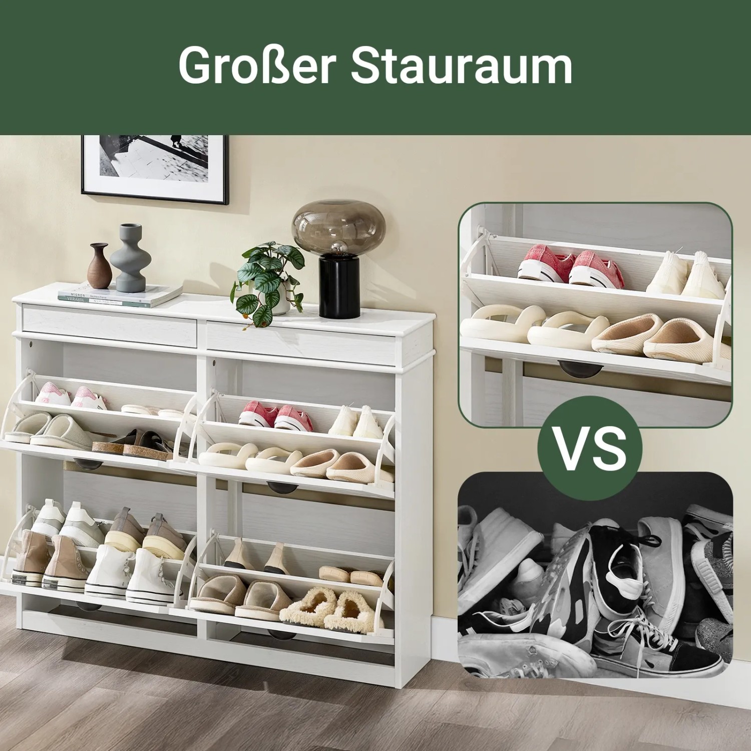 Schmaler, weißer Schuhschrank mit 4 Klappen und Schublade, gefüllt mit Schuhen. Ideal für kleine Flure.