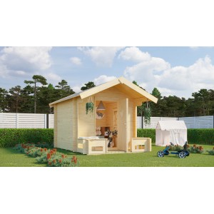 Lasita Maja Kinderspielhaus Pinocchio aus Naturholz mit Terrasse und Überdachung im Garten.