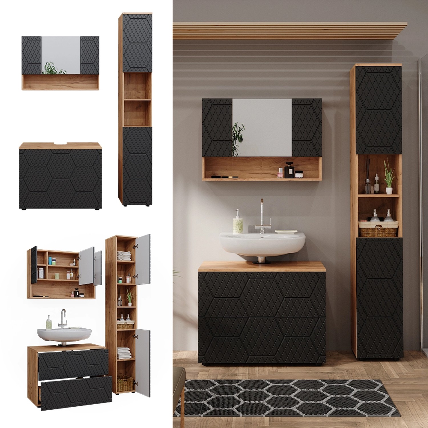 Vicco Badmöbel-Set Irma, 3-teilig in Eiche/Anthrazit mit Spiegelschrank (80 cm).