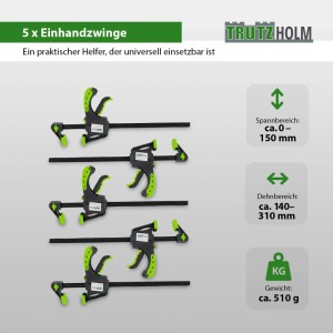 5er Set TRUTZHOLM Einhandzwingen, Spannweite 150mm, Dehnbereich 310mm, mit Softgrip in Schwarz und Grün.