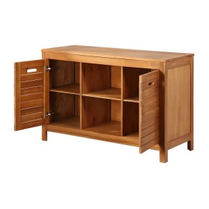 Waschbeckenunterschrank Pulukan aus dunklem Akazienholz, 130 cm, mit offenen Lamellentüren und Fächern.