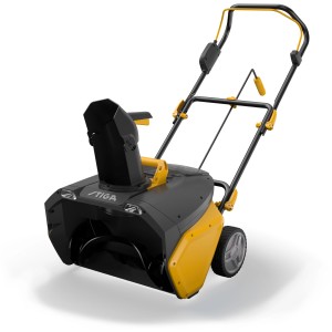 Stiga Akku-Schneefräse ST 700e mit Akku und Ladegerät, schwarz und gelb.