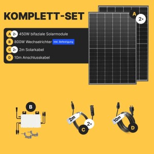 Solakon Balkonkraftwerk 900W Solaranlage Steckerfertig Komplettset Photovoltaik Anlage 800W Kabellänge 10m