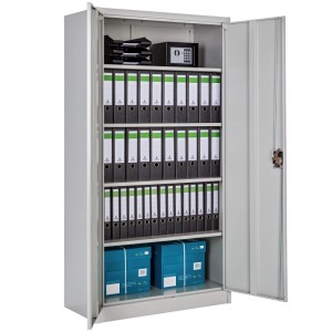 Grauer Tectake Aktenschrank aus Stahl mit zwei Flügeltüren, gefüllt mit Ordnern und Boxen.