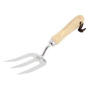 Galaflor Pflanzgabel aus Edelstahl mit 3 Zinken und hellem Holzgriff. Gartenhandgerät für lockeren Boden.