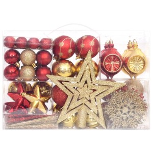 vidaXL 108-tlg. Weihnachtskugel-Set in Gold und Rot, inklusive Kugeln, Stern, Eiszapfen und Schneeflocken.