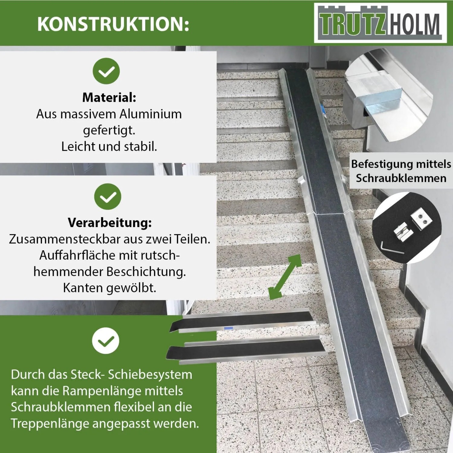 TRUTZHOLM Alu Auffahrrampe, verstellbar von 150-270 cm, mit rutschfester Oberfläche für Autoanhänger.