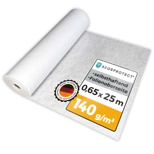 Weiße Scorprotect Abdeckvlies Rolle, 0,65x25m, 140g/m², selbsthaftend für Bodenschutz.